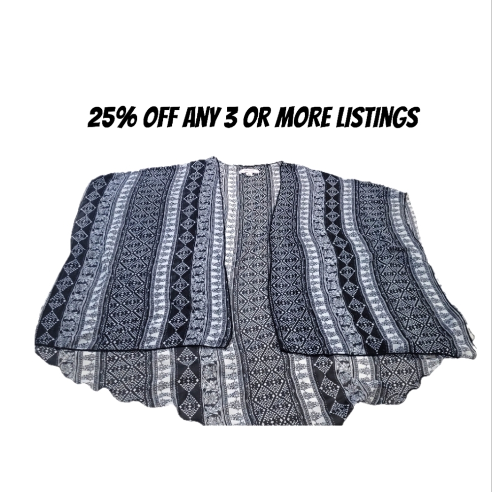 Boho Shawl Size Large Black White Patterned Poncho Striped Paisley Sheer Shrug